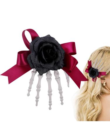 Hand Bone Shape Hair Clip Cute Skull Hand Hair Clip with Bowknot - Skull Hand and Flower Barrettes Bone Claw Hairpins Halloween Claw Hairpin Strong Hold Hair Barrette Black
