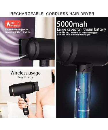 Compact Folding Handle Cordless Hair Dryer Rechargeable Travel Hairdryer with Hot and Cold Air 1 Nozzle 2 Heat Settings for Family Women and Men Black - Buy Online on GoSupps.com