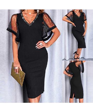 Women's Black Lace Splicing V-Neck Wedding Guest Dress - Short Sleeve, Hot Drilling, Slim Fit - Medium - Buy Online on GoSupps.com