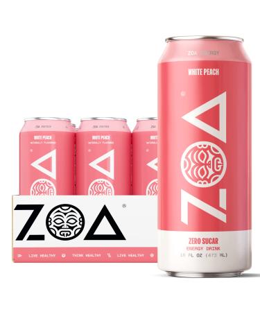 ZOA Zero Sugar Energy Drinks - Healthy Energy Formula with Vitamins, Antioxidants, Natural Caffeine - White Peach, 16 Ounce (Pack of 12) White Peach 16 Fl Oz (Pack of 12)