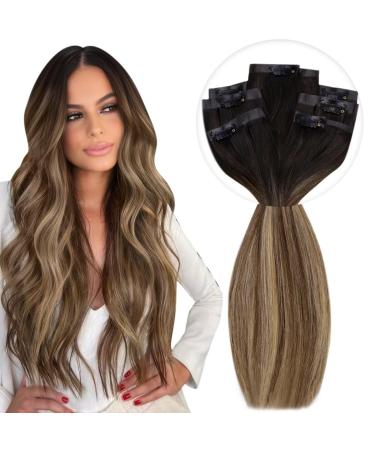 Vivien Pu Clip in Extensions Real Hair Black Clip in Real Hair Extensions Remy Real Hair Clip in Extensions Balayage Naturwarz to dark brown with caramel blonde 55cm 7PCs/140g #1b/4/27 22 inch-140g-Clip-PU 1-1 CP #1b/4/27