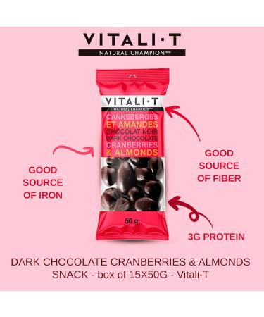 Vitali-T Collation| Snack| Dark Chocolate Cranberries & Almonds | m langes de noix canneberges et amandes chocolat| Bo te de 15 x 50 g | Collation nutritive et nergisante | Ingr dients de qualit sup rieure enti rement naturels et sain. - Buy Online on GoSupps.com