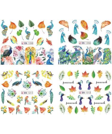 Peacock Nail Sticker Decal Set - 12 Pcs Colorful Blue Purple Leaf Flower Designs for Holiday Nail Art - DIY Nail Decoration for Women and Girls - Buy Online on GoSupps.com