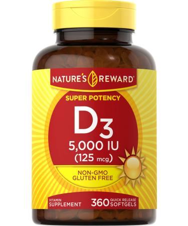 Nature's Reward Vitamin D3-5000 IU - 360 Softgels - Non-GMO & Gluten Free Supplement
