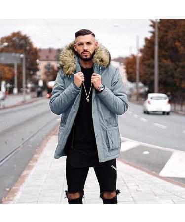 GXLONG Men's Solid Color Fur Hood Parka Coat - Small Gray - Buy Online on GoSupps.com