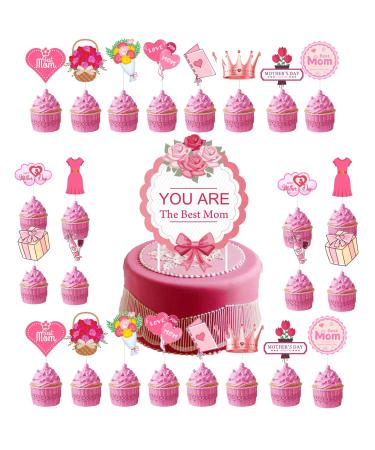 25 Pcs Mothers Day Cake Toppers for Mom Mothers Day Cake Decorations Mothers Day Cupcake Toppers for Mama Style 1