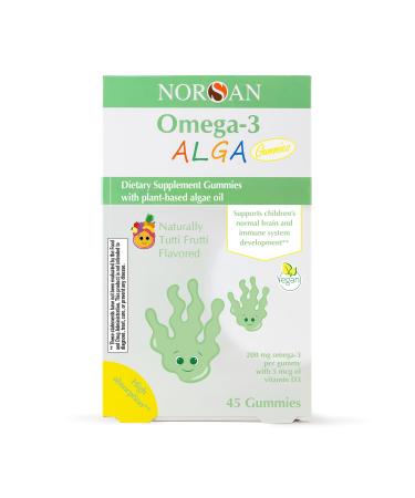 NORSAN Alga Premium Omega-3 Kids Vegan Gummies 45pcs - High Dosage DHA and EPA | 45 Vegan Chewing Gummies with 200mg Omega-3 per Gummie | Tutti Frutti Flavour | with Plant-Based Algae Oil