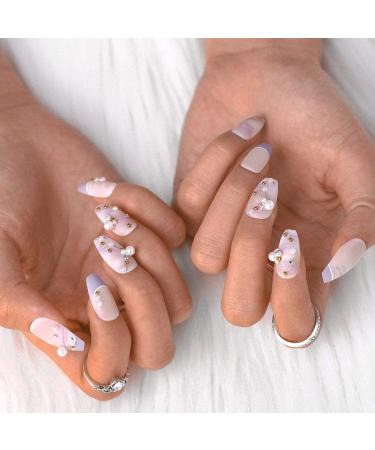 Sethexy Long Coffin Ballerina False Nails - 24 Matte Purple Sparkle Acrylic Nail Tips for Women & Girls - Buy Online on GoSupps.com