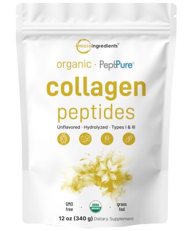 Micro Ingredients Collagen Peptides Powder Organic 12oz | Type I & III + Natural Protein | Grass-Fed Bovine Source | Unflavored | Supports Skin Joint & Bone Health | Paleo Non-GMO