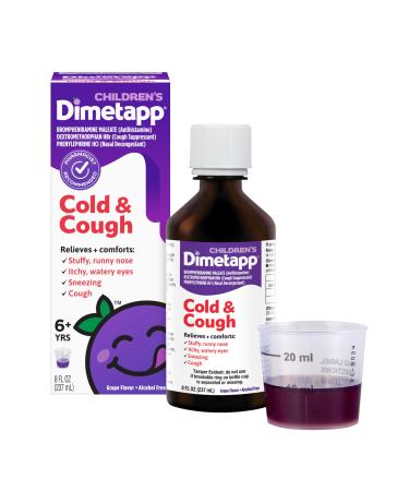 Dimetapp Children s Cold & Cough Medicine Cough Suppressant Nasal Decongestant Antihistamine Relieves Nasal Congestion Cough Itchy Watery Eyes & Sneezing Grape Flavor Alcohol-Free 8 Fl Oz