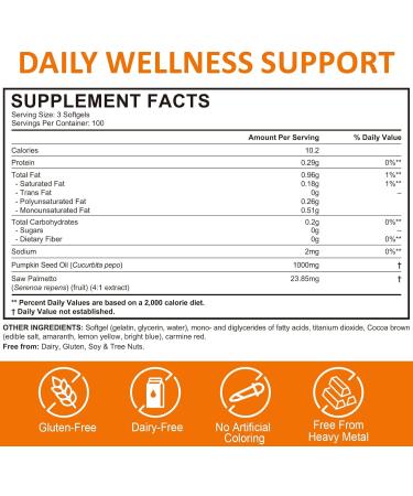 Pumpkin Seed Oil with Saw Palmetto Capsules Supplement for Women Men | Supports Hair Urinary Bladder & Prostate Health 300 Softgels (1) - Buy Online on GoSupps.com