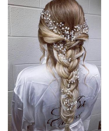 Teyglen Bride Wedding Crystal Pearls Long Hair Vine Silver Rhinestone Beads Hair Vine Headband Handmade Bridal Headpieces Hair Pieces Wedding Hair Accessories Hair Jewelry for Women Girls (Silver)