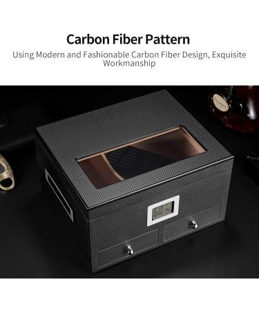 CIGARLOONG Cigar Humidor 35-50 Count Glass Top Large Capacity Cigar Box with Front Hygrometer Humidifier and Accessory Drawer(Black) Carbon Fiber Black - Buy Online on GoSupps.com