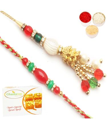 Ghasitaram Gifts Rakhis Online - Rakhi for Brother- Dazzling Pearls Bhaiya Bhabhi Rakhi with 200 GMS of Besan Barfi Rakhi Set with 200 gms of Besan Barfi