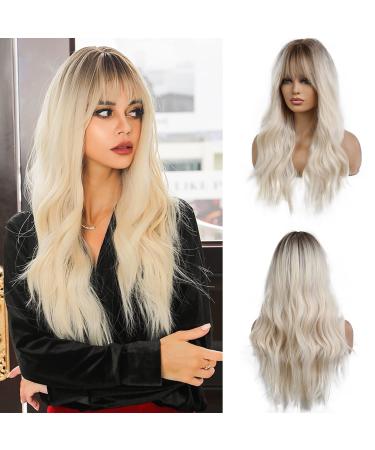 Esmee 26 Inches Long Blonde Wig with Bangs Natural Synthetic Hair Ombre Blonde Wavy Wig with Dark Roots for Women Daily Party Cosplay Wear