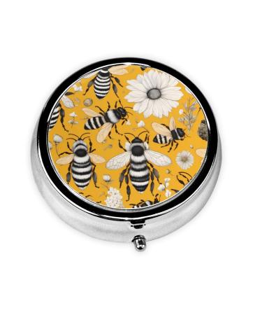 Cute Little bee Portable Metal Pill Box Round Mini 3-Compartment Plastic Insert hinged Fastening Design Suitable for Small Pills Must-Have for Travel