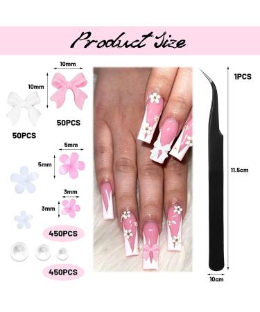 Mezrkuwr 1000 Pink Nail Grinding Charms with Tweezers | Pearl & Flower Nail Decorations | Flat Back Synthetic Resin | International Shipping - Buy Online on GoSupps.com
