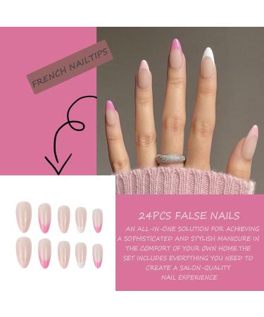 24PCS Press on Nails - Full Cover Long False Nails - French Tip False Nails Fake Nails Short with Glue - Reusable Stick on Nails Tips Nails Easy to Use (Pink White Almond) - Buy Online on GoSupps.com