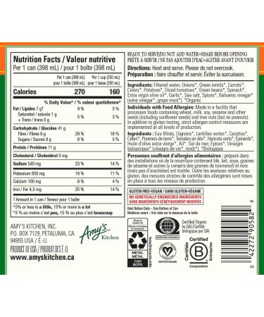 Amy s Kitchen Organic Lentil Vegetable Soup Light in Sodium Vegan Gluten-Free Dairy-Free Lactose-Free Soy-Free Corn-Free Tree Nut-Free Kosher Plant-Based 12-pack (398ml per can) - Buy Online on GoSupps.com