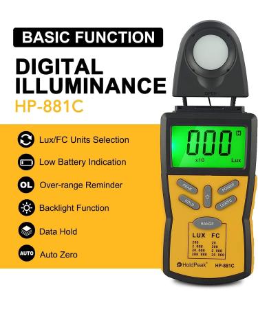 HOLDPEAK 881C Digital LUX Meter | Measure Range 0.1-200,000 Lux | 0.01-20,000 FC Light Meter with Peak Hold | Lux/FC Unit | Data Hold | LCD Display Backlight - Ideal for Plants and LED Lights - Buy Online on GoSupps.com