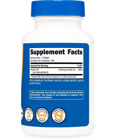 Nutricost Vitamin D3 5000 IU 240 Softgels - Non-GMO & Gluten Free - 240 Count Pack - Buy Online on GoSupps.com