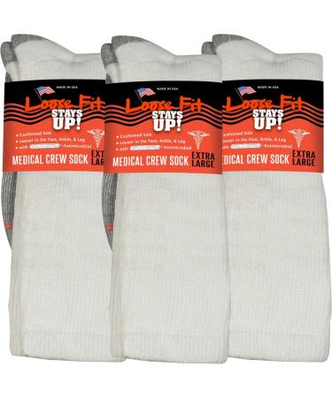 Loose Fit Stays Up Men's and Women's Medical Socks (Pack of 3) Made in USA. Cushioned Sole Medium White