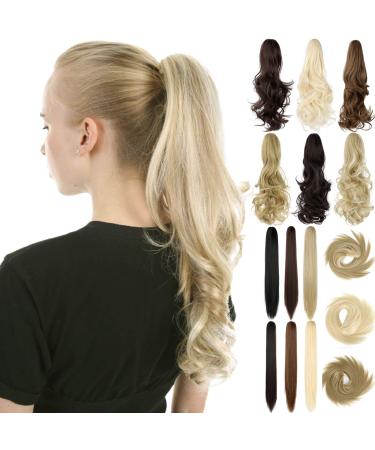 Ponytail Extension Clip in 18 20 Inch Long Wavy Straight Wrap Around Pony Tail One Piece Jaw/Claw Hairpiece for Women Grils Light Blonde Mix Bleach Blonde 18 Inch-Claw Light Blonde Mix Bleach Blonde-Curly(Claw)