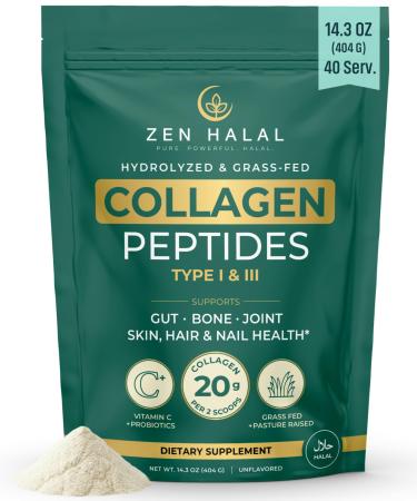 ZEN HALAL Collagen Powder with Vitamin C & Probiotic (18g Protein) Pure Grass Fed Halal Collagen Peptides for Women - Unflavored & Hydrolyzed Bovine Type I & III for Skin Hair Nails Joints and Gut