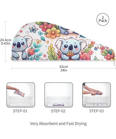 Buy Cartoon Animal Koala Flowers Hair Towel 2 Pack - Super Absorbent Quick Dry Hair Turbans for Women & Girls - International Shipping Available - Buy Online on GoSupps.com