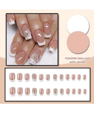 YOSOMK French Tip Square Press on Nails with Flower Design - Nude Flower False Nails - Buy Online on GoSupps.com