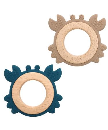 Gigi Kids - Set with 2 baby crab bite rings - baby toys from 3 months 100% BPA -free silicone and beech wood baby bite ring during the toothing phase: beige dark blue - Buy Online on GoSupps.com