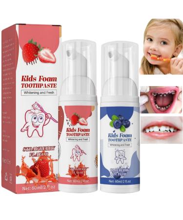 2PCS Foam Toothpaste for Children Kids Toothpaste Kids Strawberry Toothpaste Natural Mousse Foam Toddler Toothpaste Foam Toothpaste for U Shaped Toothbrush Fruit Toothpaste (Strawberry&Blueberry)