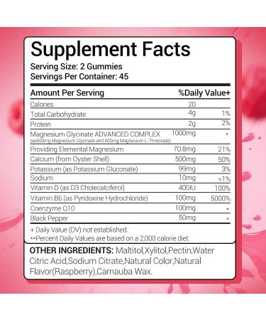 Magnesium Glycinate Gummies 1000mg Sugar Free - Magnesium L-Threonate with Calcium, VIT D3, B6, CoQ10 & Potassium - High Absorption for Sleep, Leg Cramps, Calm Mood & Memory - 90 Raspberry Gummies 90 Count (Pack of 1) - Buy Online on GoSupps.com