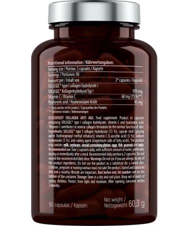  ESSENSEY ESSENSEY - Collagen | 970 mg per recommended daily dose | 90 capsules | 45 mg of hyaluronic acid per recommended daily dose | Type I SOLUGEL Collagen | 45 daily doses | Easy to - Buy Online on GoSupps.com