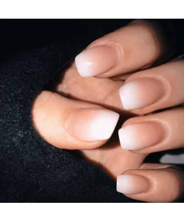 French Stick on Short Glossy Press Nails Kit - 24 Pcs Nude White Gradient False Nail Tips Set with Glue for Women - Buy Online on GoSupps.com