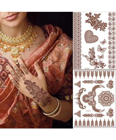 Brown Henna Temporary Tattoos for Women - Waterproof, Semi-Permanent Body Stickers for Festivals, Parties - 6 Sheets - Buy Online on GoSupps.com