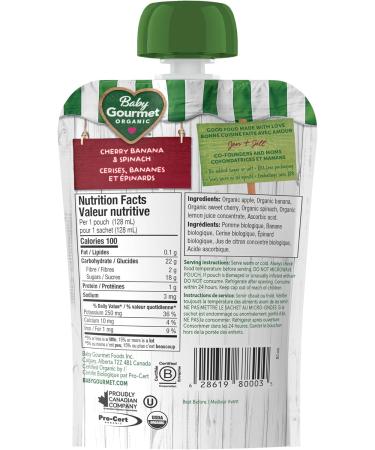 Baby Gourmet Organic Puree Baby Food Pouches - Cherry Banana & Spinach - No Added Sugar Or Salt Non GMO No Fillers Gluten Free Kosher (128ml) 12 Pack - Buy Online on GoSupps.com