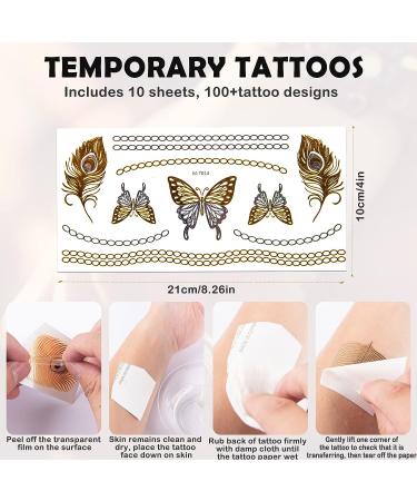 Gold Temporary Tattoos - 10 Sheets, 100+ Designs for Women, Metallic Face Glitter Stickers, Waterproof, Realistic and Long-Lasting - Buy Online on GoSupps.com