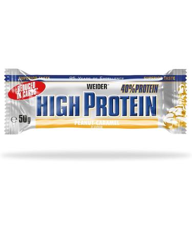 Weider 40% Protein Low Carb Bar (24 x 50g) Peanut-Caramel Flavour. Chocolate Coated Bar with High Protein-Reduced Carb Content. Muscle Building & Maintenance Support. Ideal Before or After Training PEANUT-CARAMEL 24x50g - Buy Online on GoSupps.com