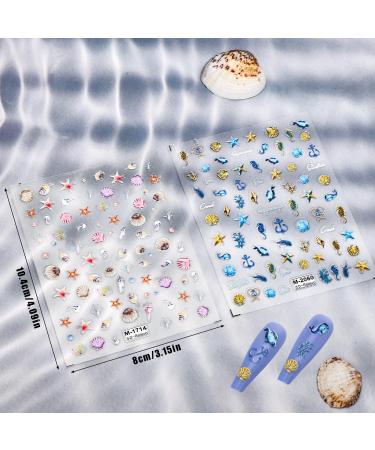 2 Sheets 5D Embossed Nail Stickers Seashell Starfish Nail Stickers Ocean Summer Beach Nail Charms Self-Adhesive Nail Art Decal DIY Nail Design Manicure Decorations for Women Girls - Buy Online on GoSupps.com
