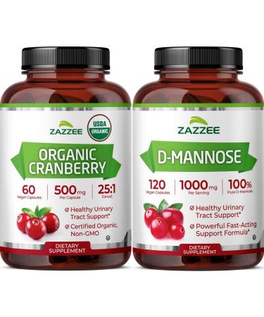 Zazzee Urinary Tract Cleanse Bundle | Fast Acting D-Mannose 1000mg Capsules Plus USDA Organic Cranberry Extract Capsules for Women | Non-GMO Vegan & ISO Lab Tested (60 Servings Each)