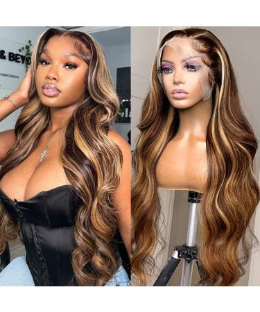 13x4 Highlight Lace Front Human Hair Wig 32 Inch Transparent HD Lace Body Wave Wig For Black Women Ombre 4/27 Brown To Blonde Piano Colored Wig 32 Inch 180% Density 13x4 Wavy Highlight Wig