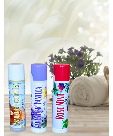 Natural Lip Balm 3-Pack Spa Inspired Flavors Jasmine Blossom Rose Mint & Lavender Vanilla Hydrating Nourishing Lip Care with Shea Butter & Beeswax Gift Set for Women & Men