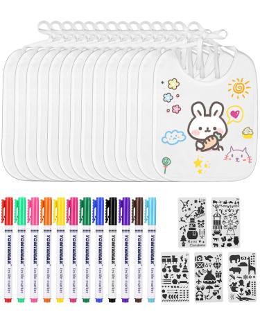 Tidevan 14 pieces Libchchen white bib to painting baby bibs made of cotton with 12 colored colored textile pins and 5 times stencils baby shower games for babyshoe party young girls