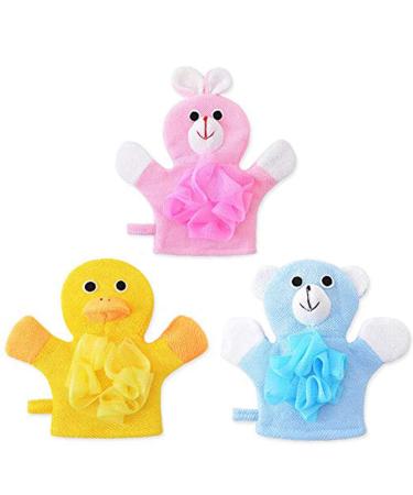 Bath and Shower Loofah Sponge For Kids Non-toxic Skin-friendly Soft Terry Cloth Bath Puppet Wash Cloth Bath Mitt Bath Mitt Terry Cloth Bath Mitt Set of 3 Cute Face Design(Cartoon Rabbit/Duck/Bear) Animal Styles(3 Pack)