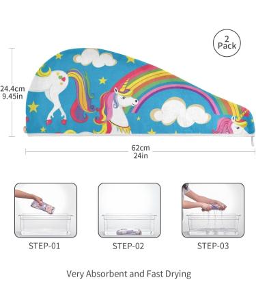 Unicorn & Rainbow Blue Hair Towel 2 Pack - Super Absorbent Quick Dry Hair Turbans for Women & Girls - Buy Online on GoSupps.com