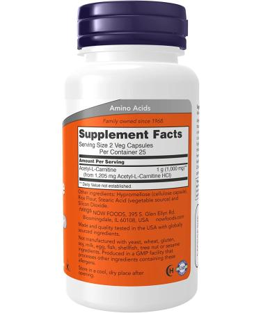 NOW Acetyl-L Carnitine 500mg - Amino Acid for Brain & Nerve Function - 50 Veg Capsules - Buy Online on GoSupps.com