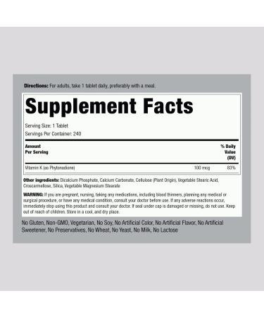 Piping Rock Vitamin K Supplement - 100 mcg | 240 Tablets | Non-GMO Gluten Free | Buy Internationally - Buy Online on GoSupps.com