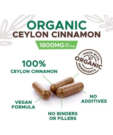 Ceylon Cinnamon Capsules 1800mg - Extra Strength Certified Organic True Cinnamon Powder Formula for Energy & Heart Support Bottled in USA Non-GMO Gluten Free Sugar Free Supplement 180 Capsules 180 Count (Pack of 1) - Buy Online on GoSupps.com