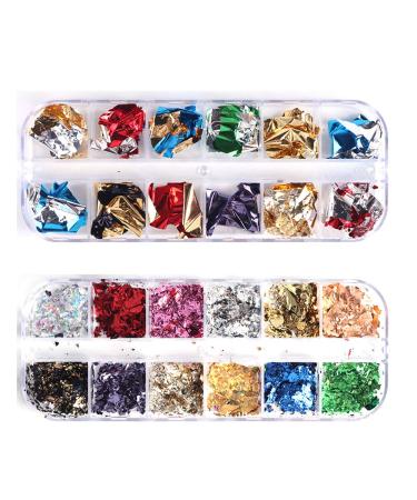 2 Sets Foil Chip Foil Nail Glitter Gold Leaf Schabin Flakes Metallic Manicure Scrap Paper Nail Art Decal
